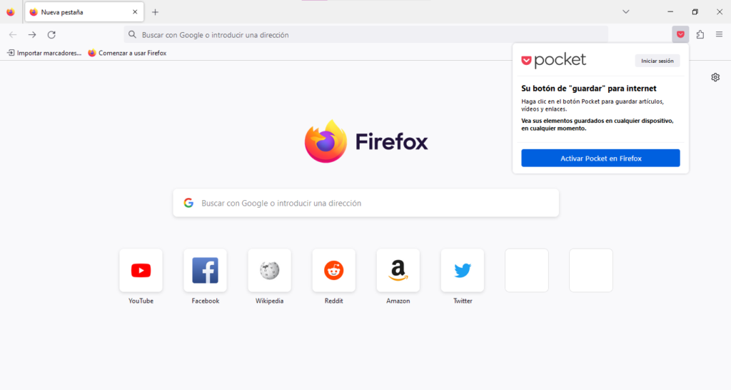 Vista de Firefoz con la opcion de "Pocket"
